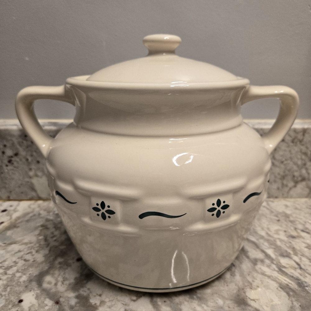 Longaberger Pottery Woven Traditions Green Accent Cookie Jar With Lid, Bean Pot